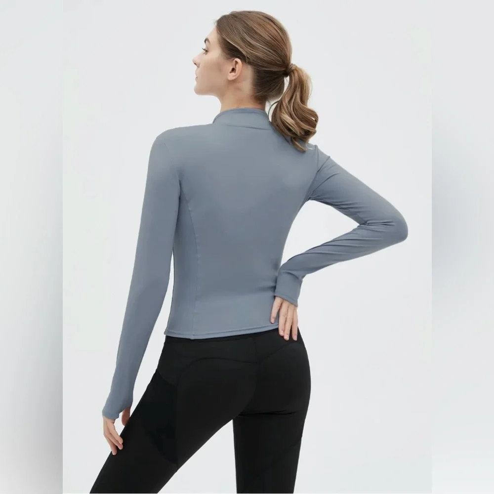 Steel Blue Solid Mock‎ Neck Zip-up